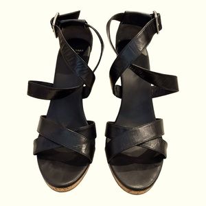 Cole Haan Black Strapped Leather 3 inch Cork Platform Heels Size 9 1/2